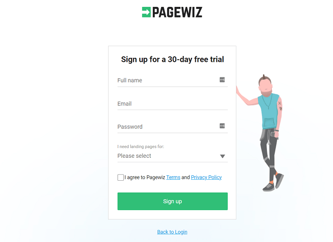 Processo de inscrição no PageWiz