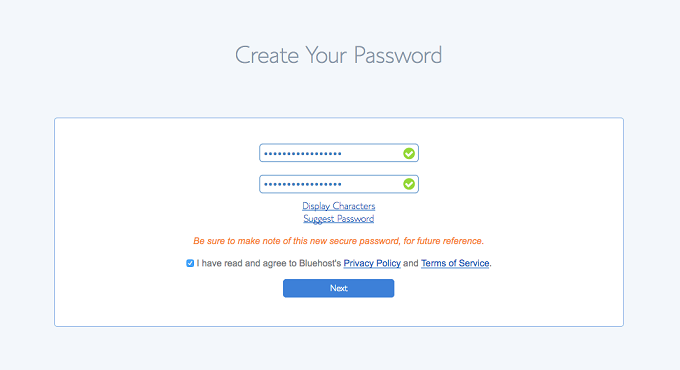 criar password para conta bluehost